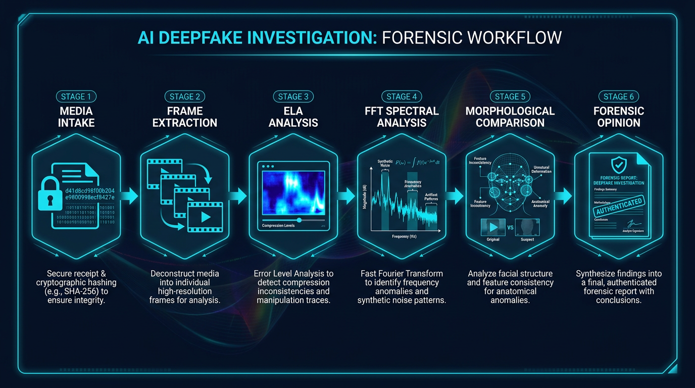 Six-stage AI deepfake investigation workflow: Media Intake, Frame Extraction, ELA Analysis, FFT Spectral Analysis, Morphological Comparison, Forensic Opinion