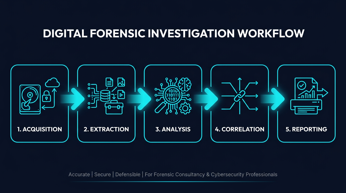 Five-stage digital forensic investigation workflow: Acquisition, Extraction, Analysis, Correlation, Reporting