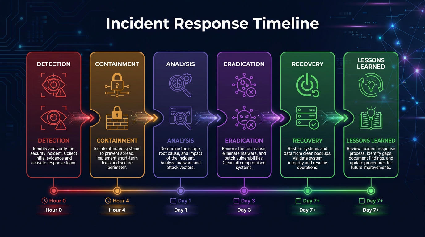 Incident response timeline: Detection, Containment, Analysis, Eradication, Recovery, Lessons Learned with time indicators