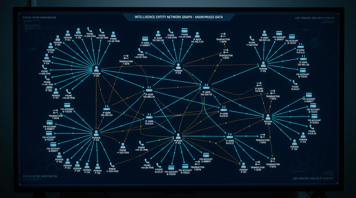 Entity relationship intelligence map showing anonymised connections between persons, phone numbers, IP addresses, financial accounts, and transactions
