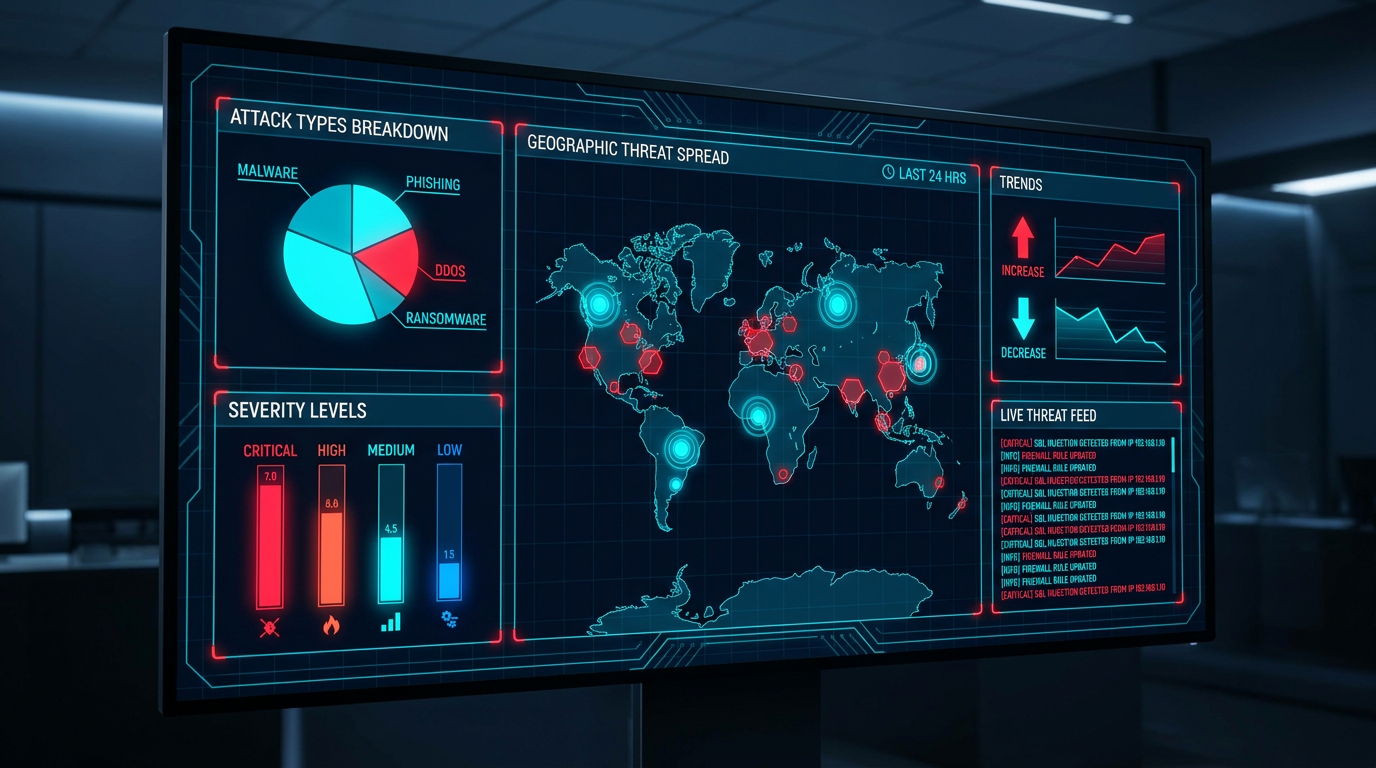 Threat intelligence overview dashboard showing attack types, severity levels, geographic spread, and live threat feed