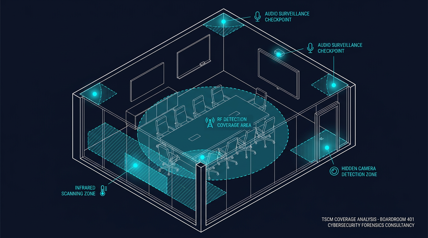 TSCM coverage diagram showing RF detection, IR scanning, audio surveillance, and hidden camera detection zones in a corporate boardroom